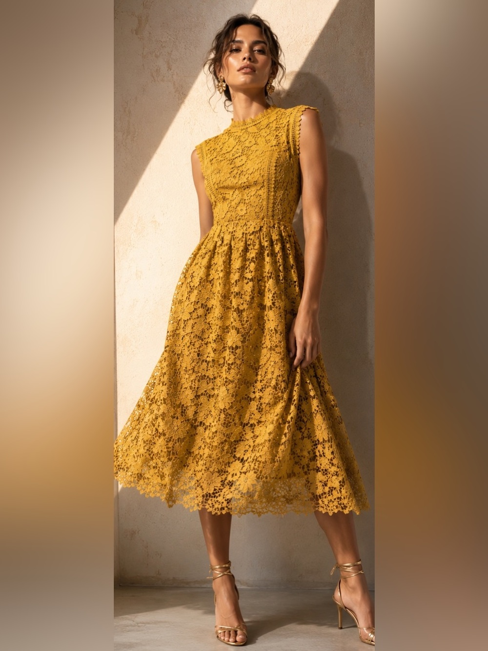 Vintage Yellow Lace Midi Dress US 4 EURO 36